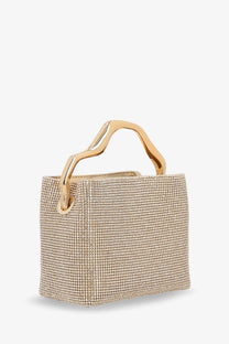 Cult Gaia women’s solene mini handbag beige with gold-toned curved handle and sparkling mesh material