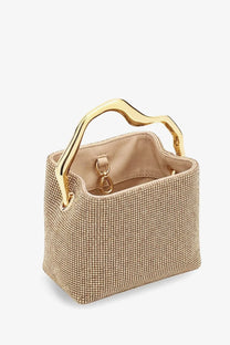 Cult gaia women’s solene mini handbag beige gold-toned rhinestone encrusted with sleek metallic handle and hardware
