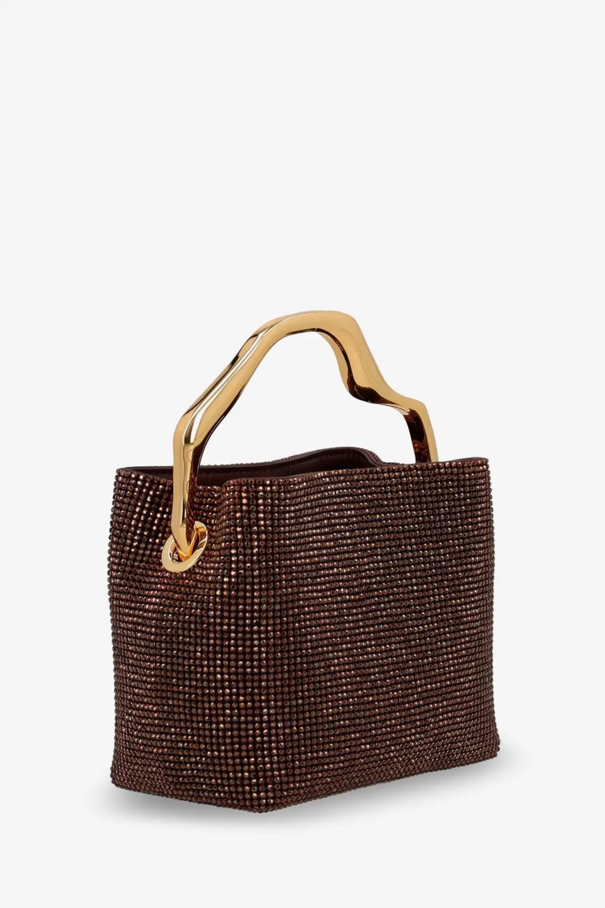 Brown crystal embellished mini tote bag with gold tone handle by Cult Gaia in java color for women