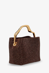 Brown crystal embellished mini tote bag with gold tone handle by Cult Gaia in java color for women