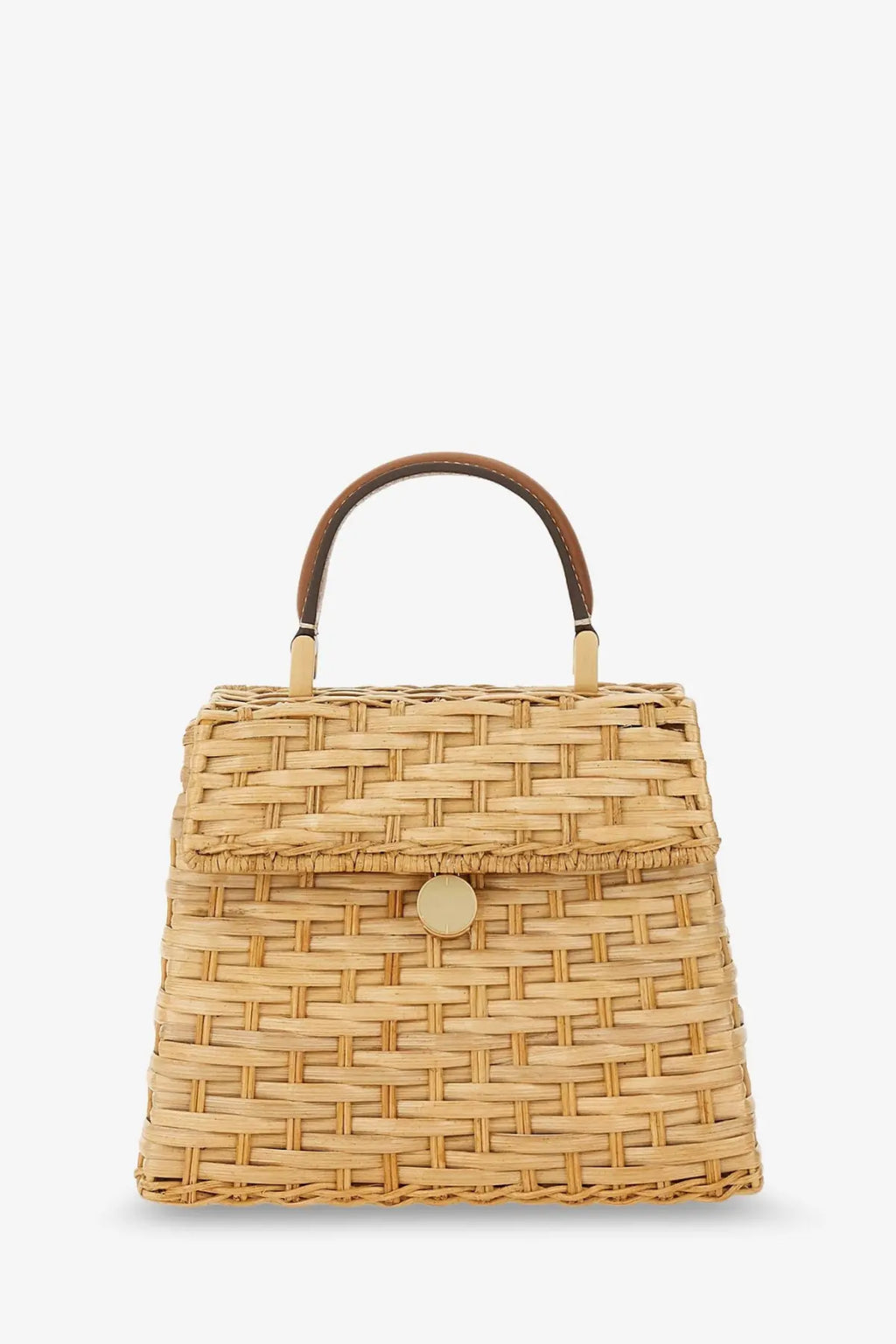 Beige woven straw Cult Gaia women’s sybil wicker handbag with brown leather handle and gold-tone circular clasp