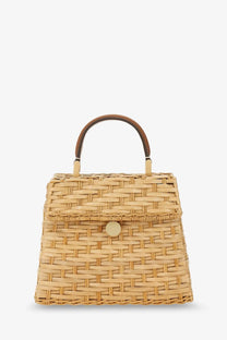 Beige woven straw Cult Gaia women’s sybil wicker handbag with brown leather handle and gold-tone circular clasp