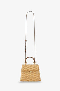 Cult Gaia women’s sybil wicker handbag white woven straw with brown leather handle and gold-tone hardware