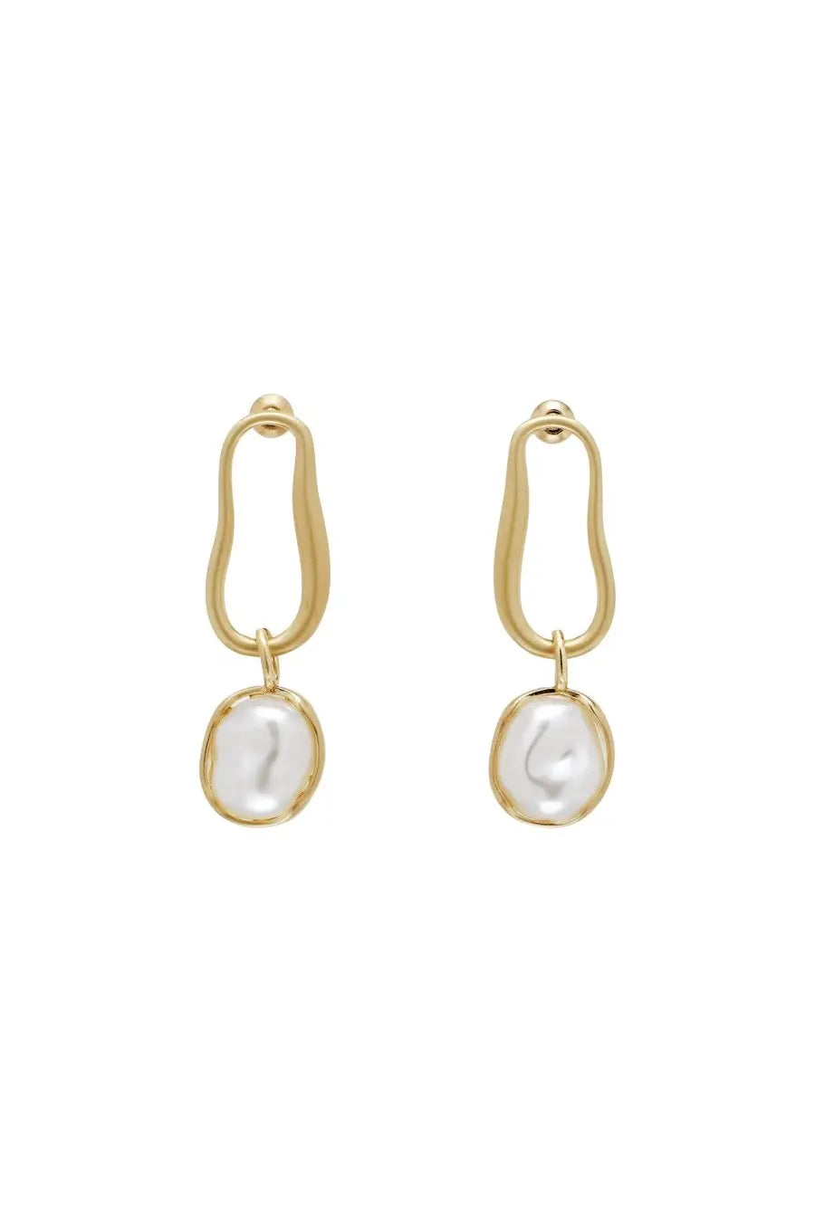 Cult Gaia women’s true earrings gold featuring gold-toned drop design with oval white pearls on elongated metal frame