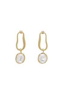 Cult Gaia women’s true earrings gold featuring gold-toned drop design with oval white pearls on elongated metal frame
