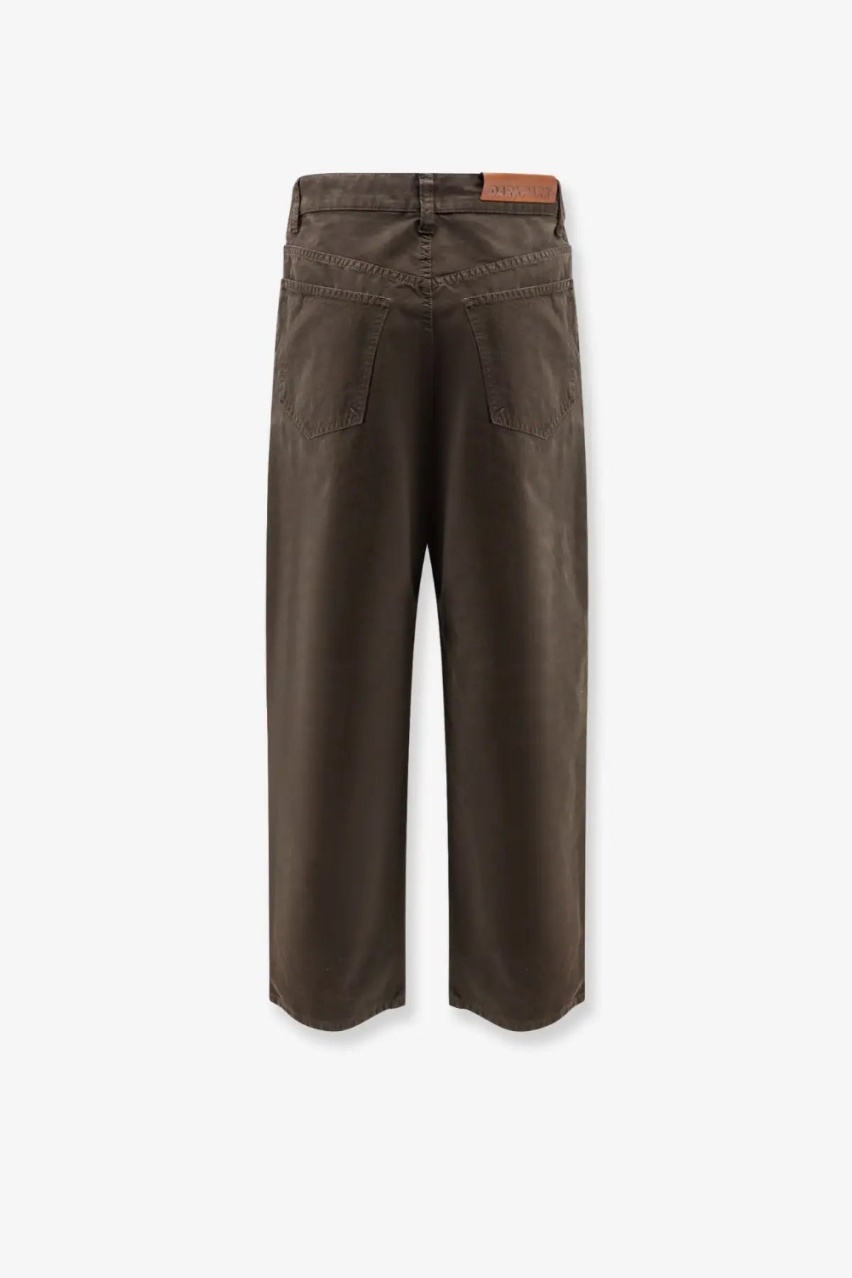 Darkpark men’s dark brown wide-leg cotton trousers with classic denim texture and leather brand patch at waistband