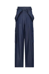 Navy blue high-waisted cargo pants with wide-leg cut and tied belt detail from DARKPARK womens cargo pants ruth blue