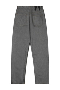 Dark gray denim jeans with straight-leg cut and classic back pockets shown from the back by darkpark women’s denim pants grey