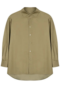 Olive green satin button-down shirt with classic collar and long sleeves from darkpark womens collection