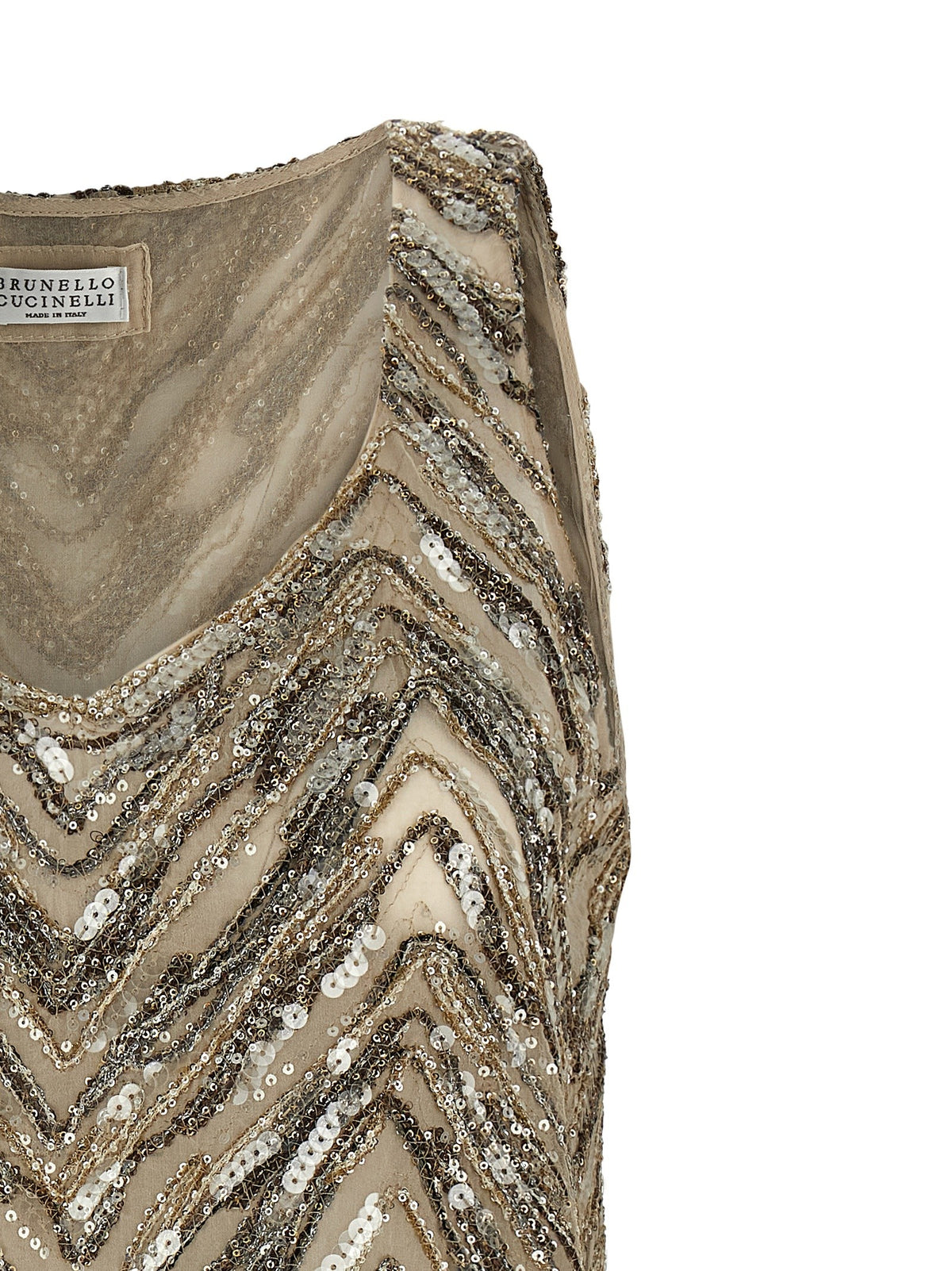 Brunello Cucinelli Dazzling Chevron Embroidery Top Beige