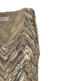 Brunello Cucinelli Dazzling Chevron Embroidery Top Beige