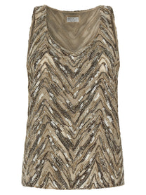Brunello Cucinelli Dazzling Chevron Embroidery Top Beige