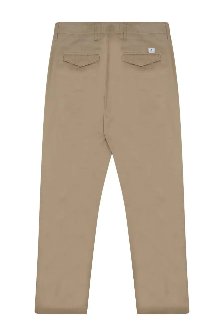 Back side of department five men’s regular fit khaki chino pants with subtle woven texture and two back pockets