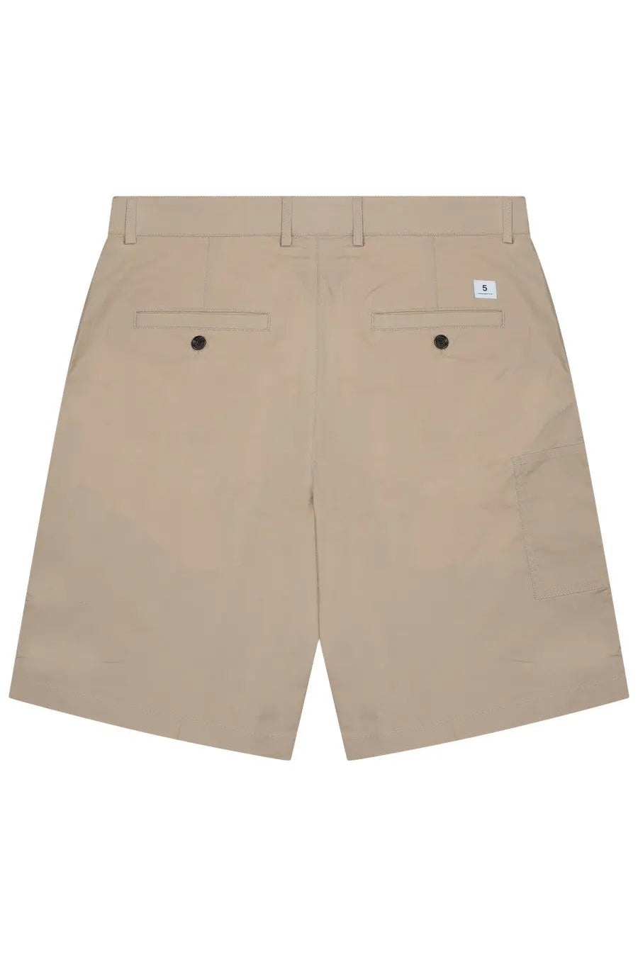Beige Department Five men’s chino shorts showing back side with buttoned back pockets and white label on right hip
