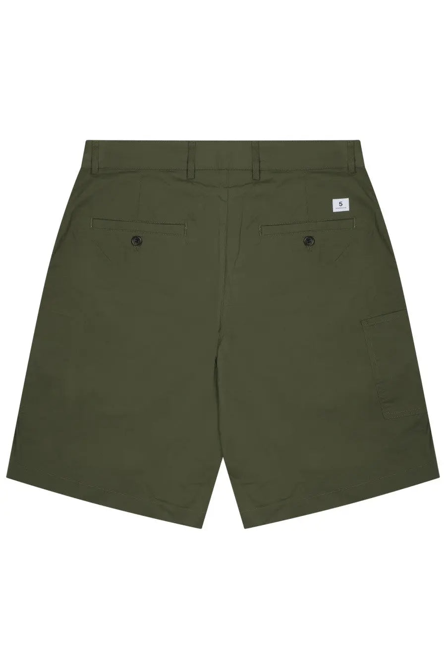 Department five men’s olive green cargo shorts back view with buttoned pockets and white brand tag on right hip