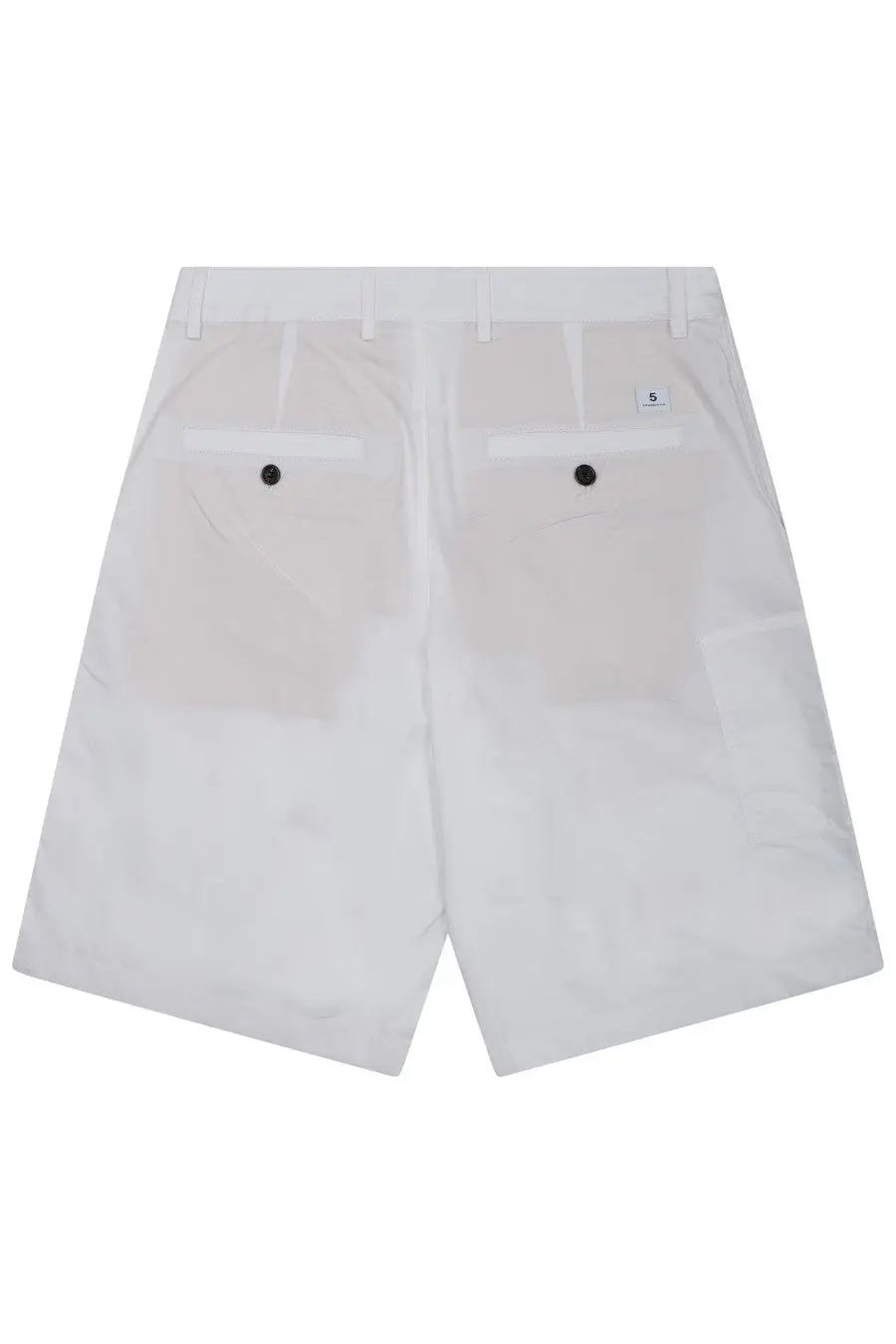 Department Five men’s white cotton shorts with minimalist design and black button closures on back pockets shown from behind