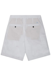 Department Five men’s white cotton shorts with minimalist design and black button closures on back pockets shown from behind