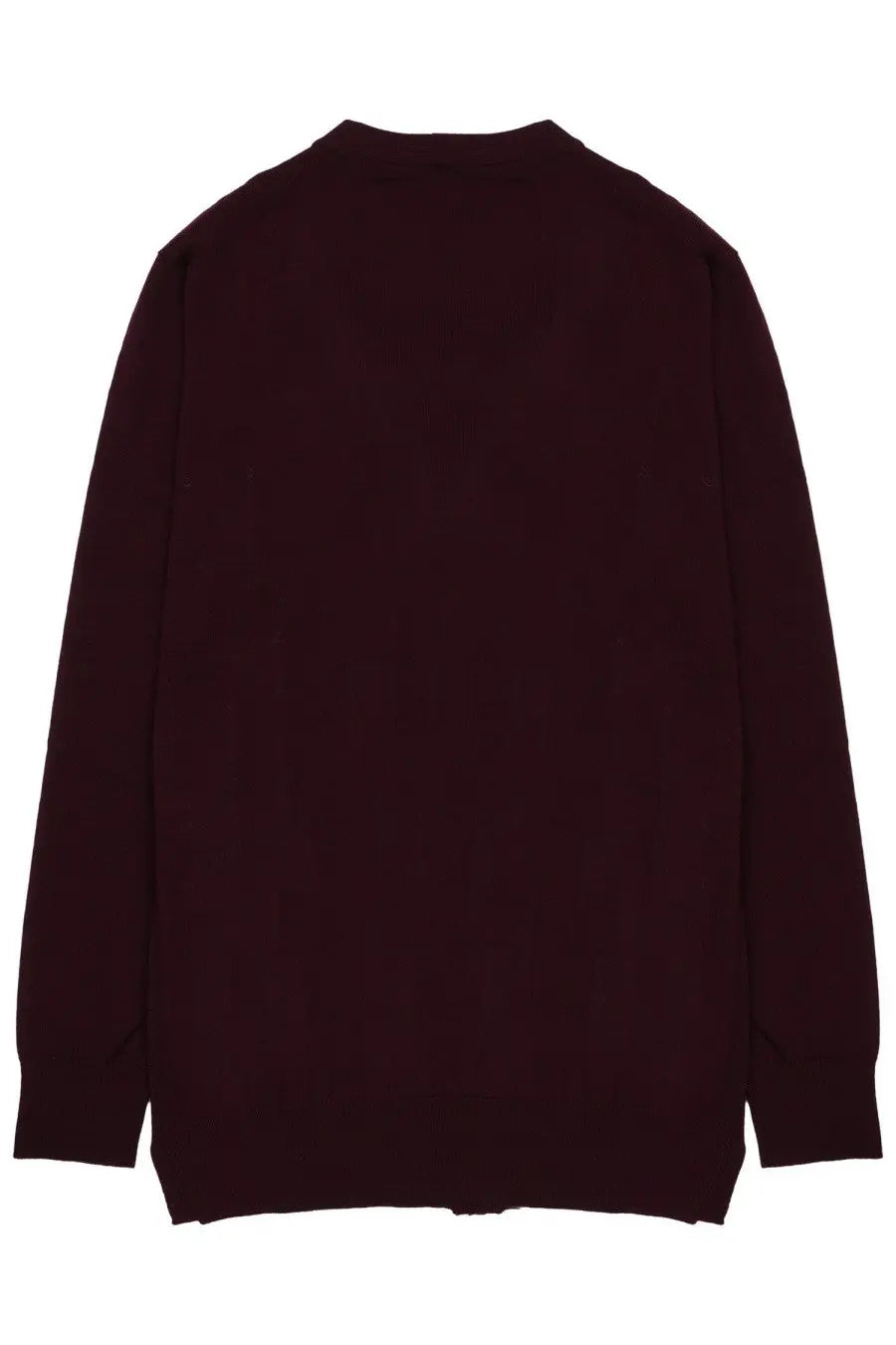 Department Five women’s long-sleeved dark burgundy knit cardigan with crew neckline and ribbed cuffs in lana merino red