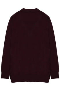 Department Five women’s long-sleeved dark burgundy knit cardigan with crew neckline and ribbed cuffs in lana merino red