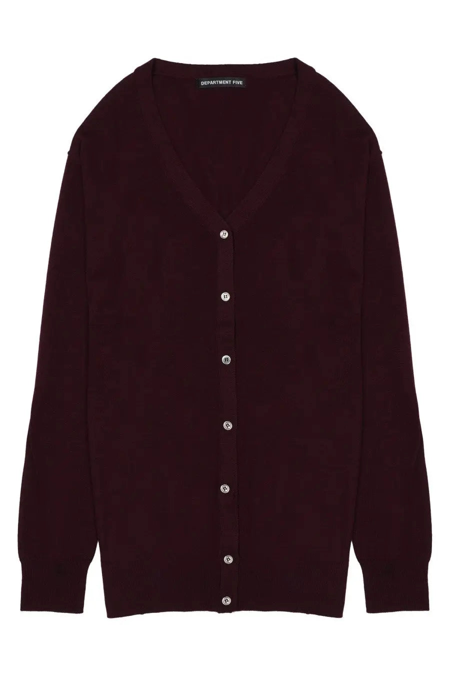 Department five women’s cardigan college in lana merino red with deep burgundy v-neck and silver buttons
