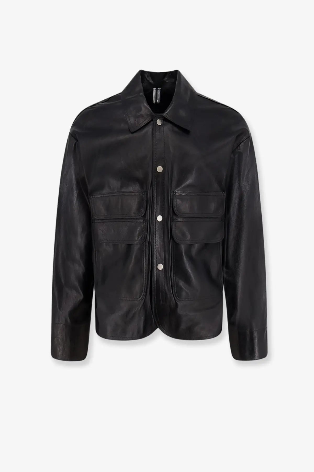 Dfour men’s black leather jacket with classic collar front button closure and two chest pockets