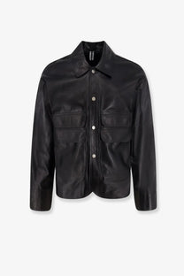 Dfour men’s black leather jacket with classic collar front button closure and two chest pockets