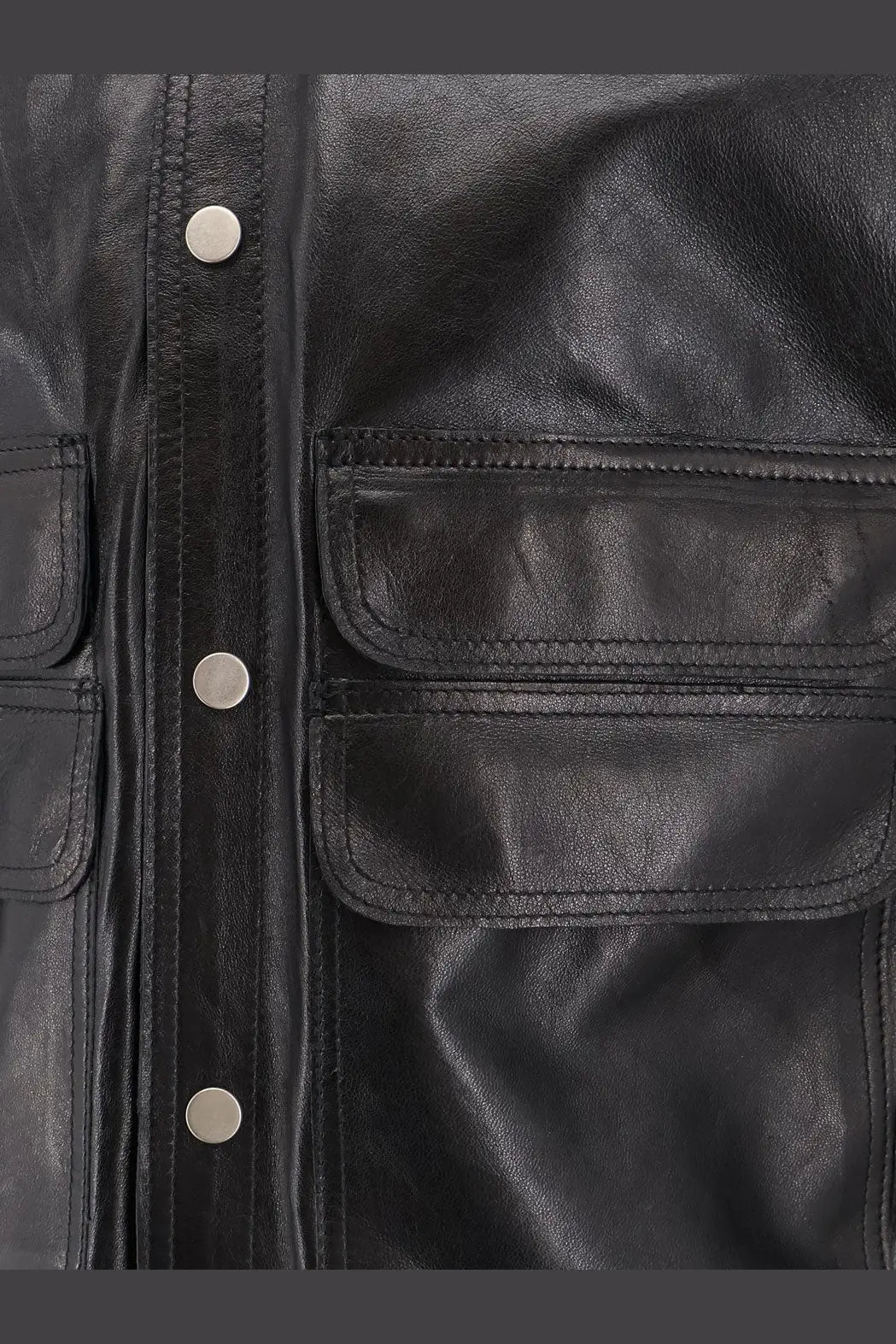 Dfour men’s black leather jacket with silver buttons and flap pockets in black leather material