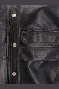 Dfour men’s black leather jacket with silver buttons and flap pockets in premium leather material