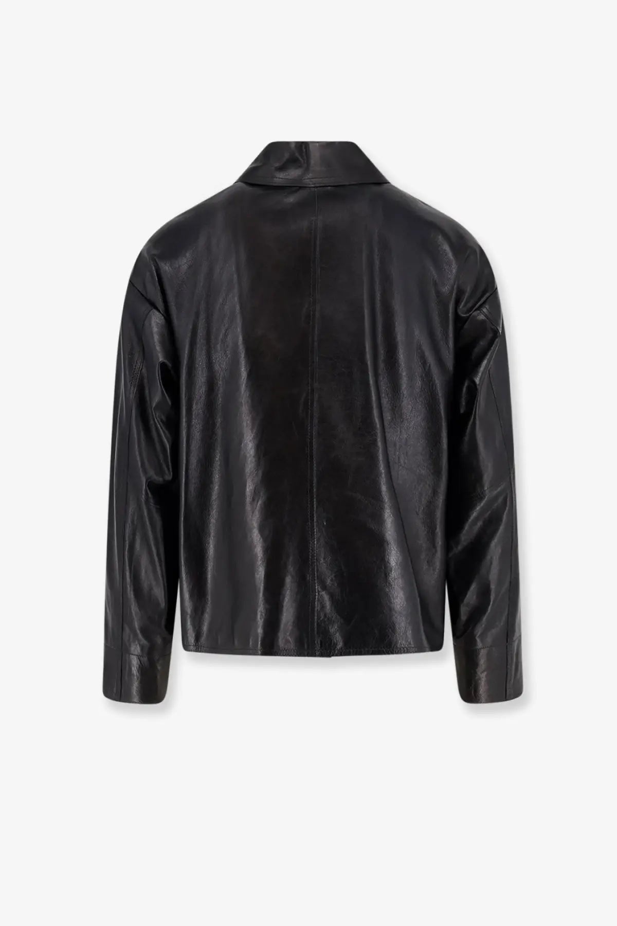 Dfour men’s black leather jacket with sleek glossy finish and structured shoulders in premium leather material