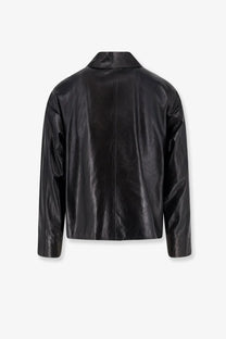 Dfour men’s black leather jacket with sleek glossy finish and structured shoulders in premium leather material