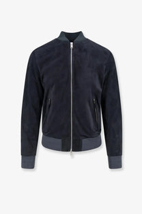 Dfour men’s suede bomber jacket in black with contrasting dark gray ribbed cuffs collar and waistband