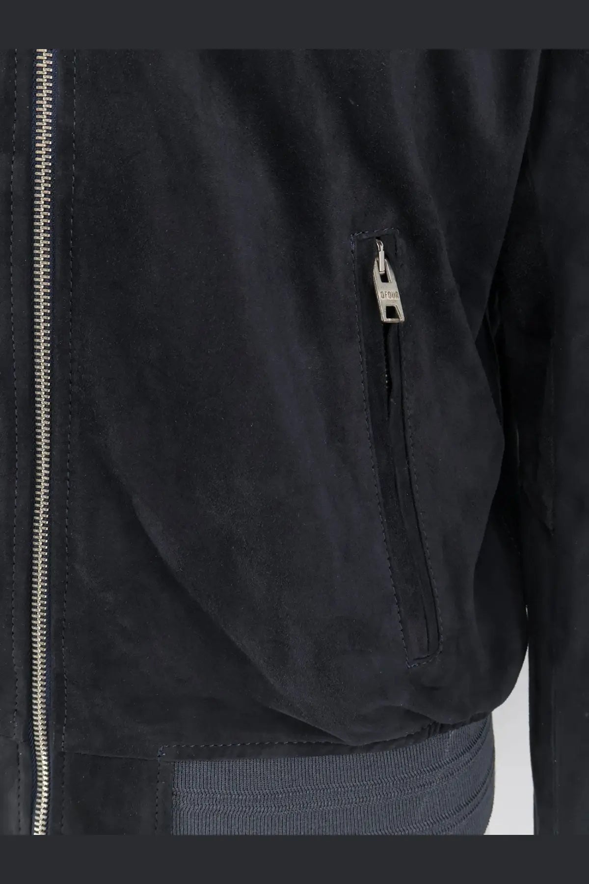 Dfour men’s blue suede jacket featuring black suede bomber style with silver zippers and subtle textured finish