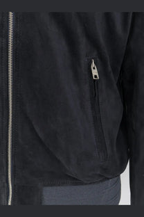 Dfour men’s blue suede jacket featuring black suede bomber style with silver zippers and subtle textured finish