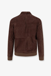 Dfour men’s suede jacket gold brown suede bomber jacket with ribbed cuffs and hem front view