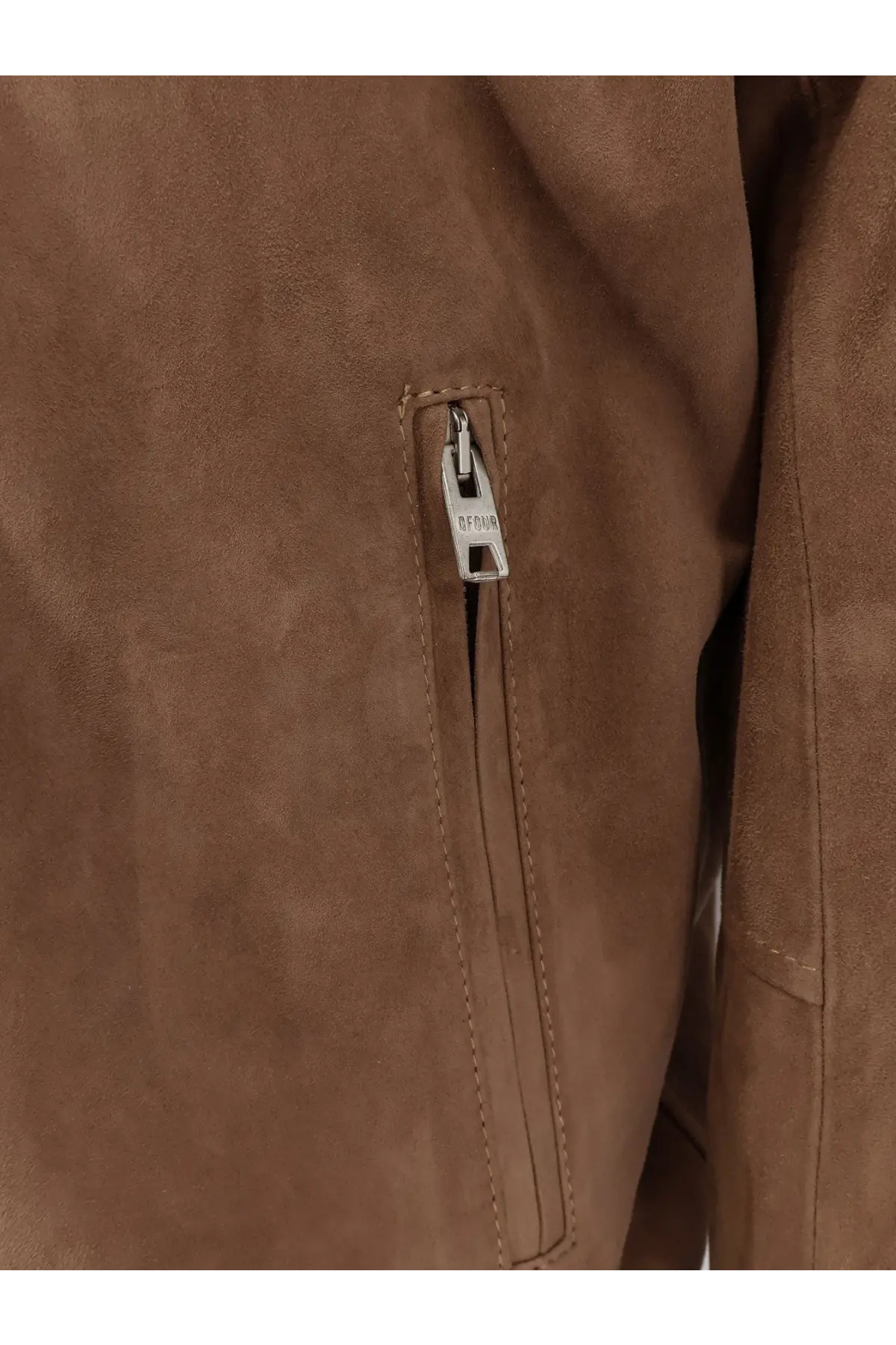Dfour men’s gold suede jacket with a tan color and silver zipper pull engraved with the brand name baggage
