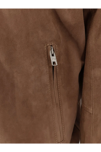 Dfour men’s gold suede jacket with a tan color and silver zipper pull engraved with the brand name baggage