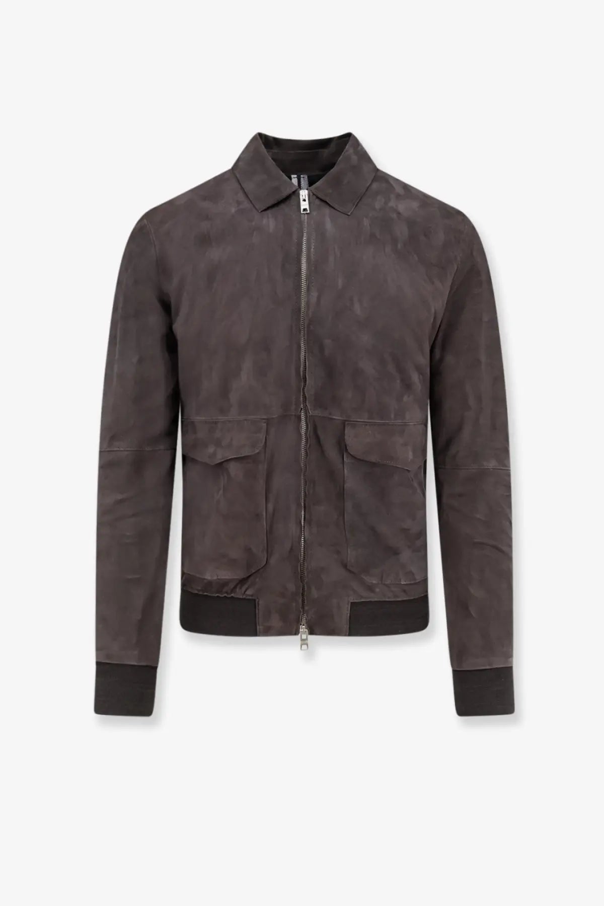 Dfour men’s dark gray suede bomber jacket with collar and two front pockets in piombo color