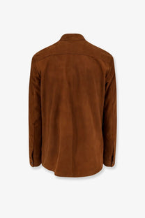 Dfour men’s suede shirt beige with classic collar long sleeves brown suede material for casual wear
