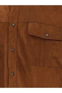 Dfour men’s beige suede shirt with silver-toned buttons and flap pocket in brown suede material