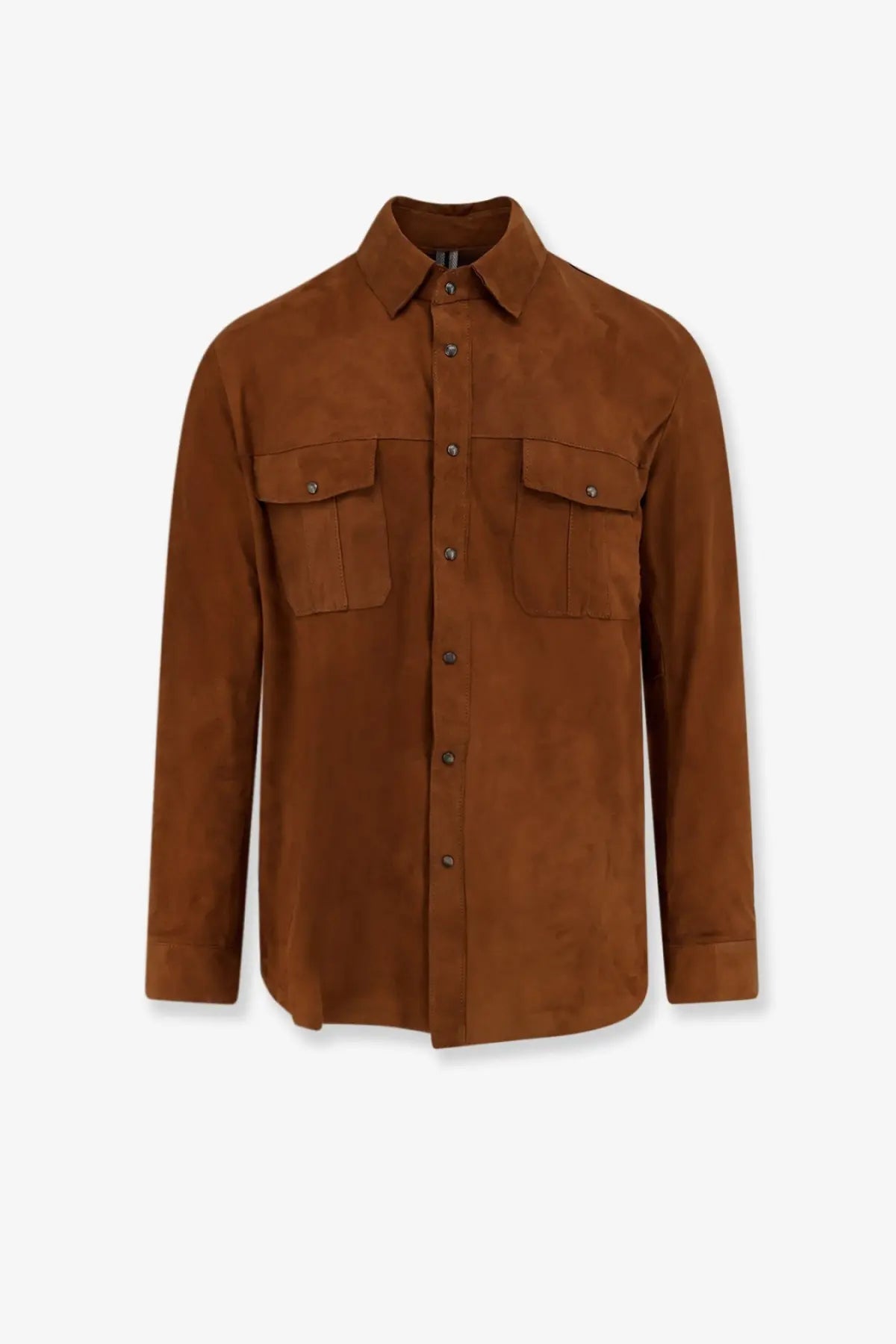 Dfour men’s beige suede button-up shirt with two chest pockets and a classic collar in rich brown suede
