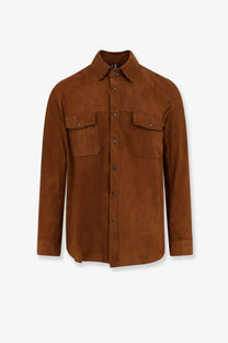 Dfour men’s beige suede button-up shirt with two chest pockets and a classic collar in rich brown suede