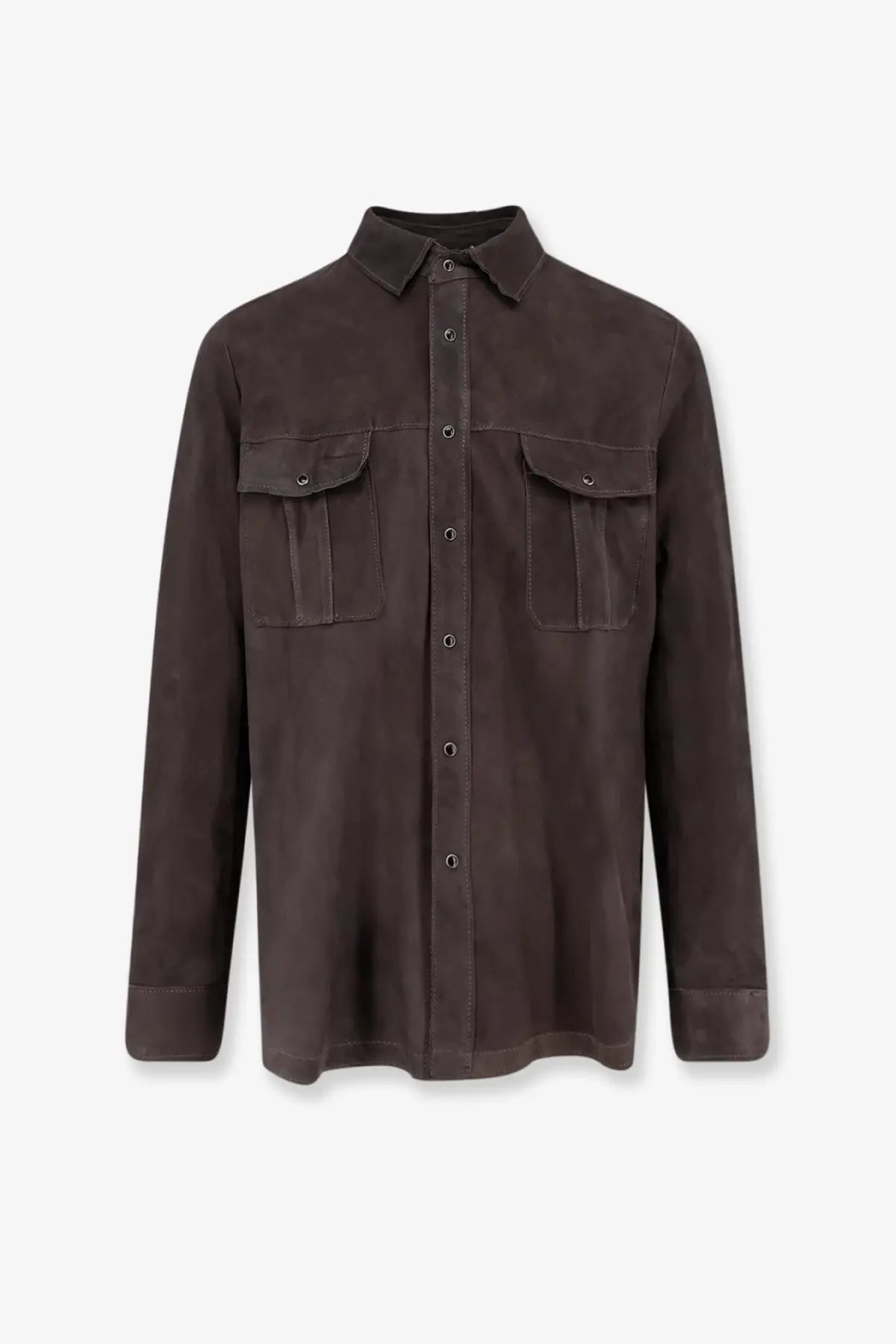 Dfour men’s suede shirt piombo dark brown button-up with two chest pockets and classic collar