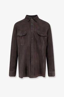 Dfour men’s dark brown suede button-up shirt with two chest pockets and classic collar piombo style