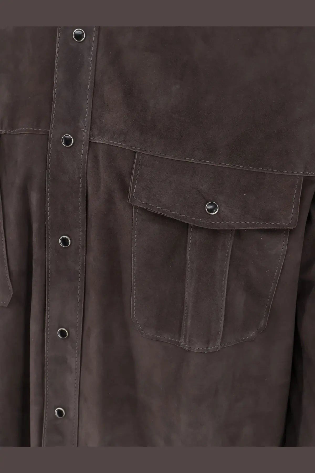 Dfour men’s suede shirt piombo in dark brown with silver button closures and stitched pocket details