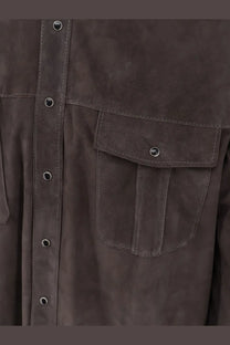 Dfour men’s suede shirt piombo dark brown suede jacket with silver button closures and stitched pocket details