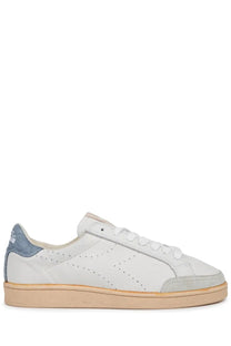 Diadora men’s sneaker prestige plain used white low-top sneaker with white leather, light blue suede heel, and beige sole