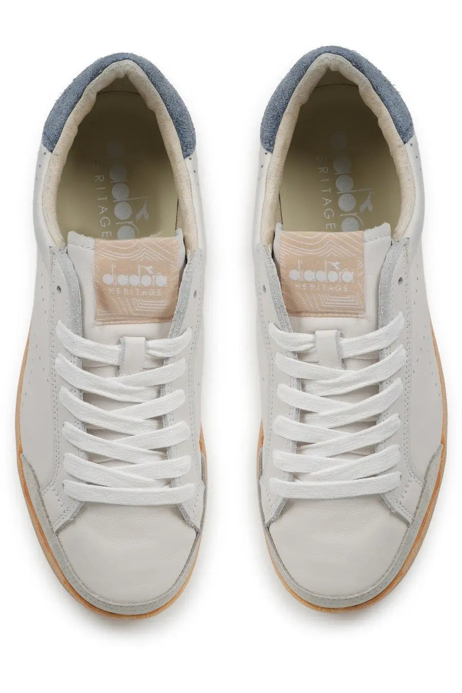 Diadora men’s sneaker prestige plain used white leather sneakers with light blue suede accents and tan rubber soles
