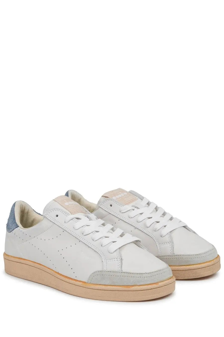 Diadora men’s sneaker prestige plain used white light gray suede low-top with beige sole and blue heel accent back view