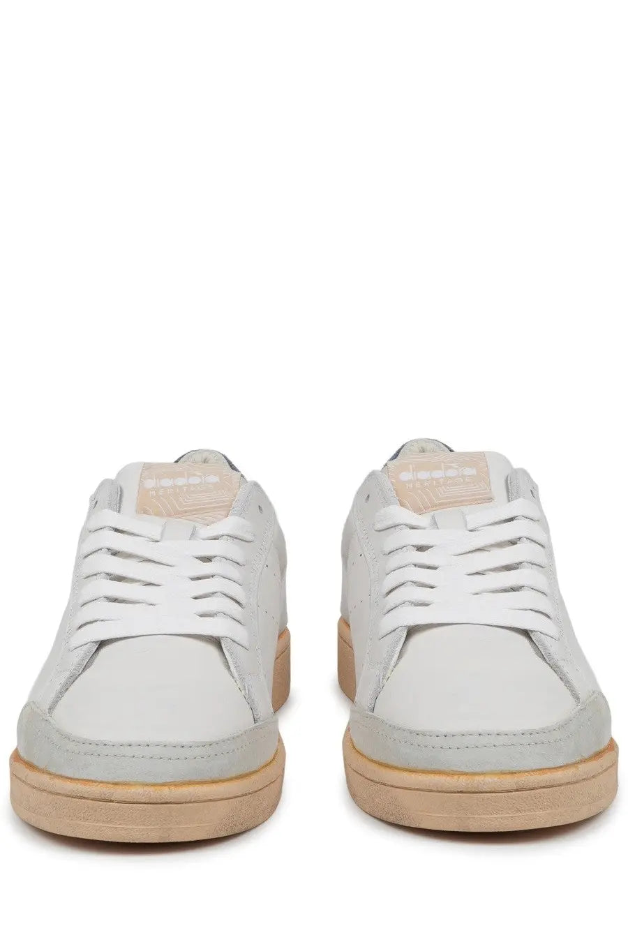 Diadora men’s sneaker prestige plain used white light gray suede low-top with white laces and tan rubber sole