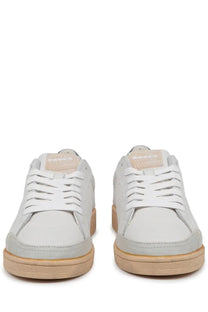 Diadora men’s sneaker prestige plain used white light gray suede low-top with white laces and tan rubber sole